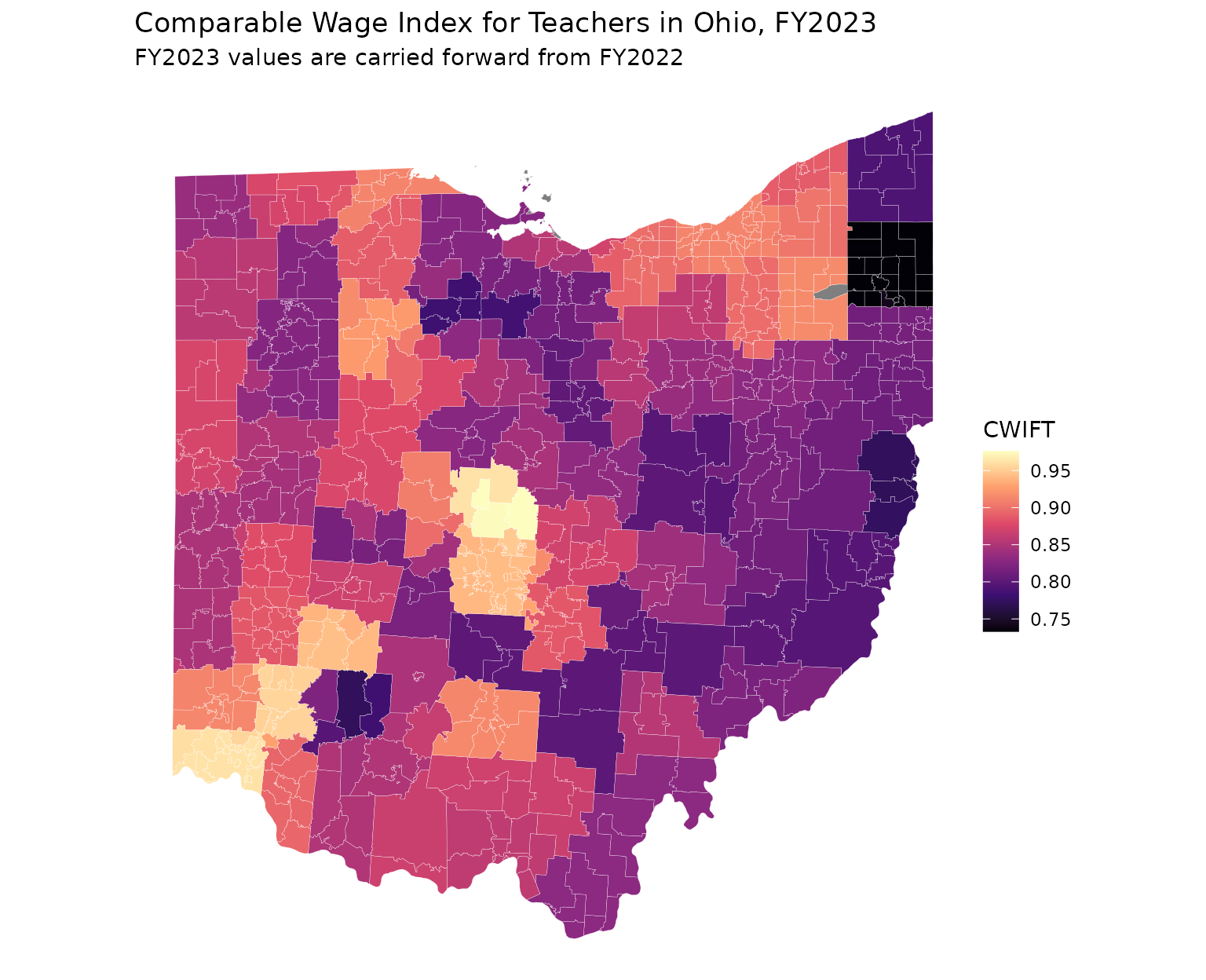Choropleth map of Ohio school districts shaded by the CWIFT teacher wage index, with higher values concentrated around metro areas.