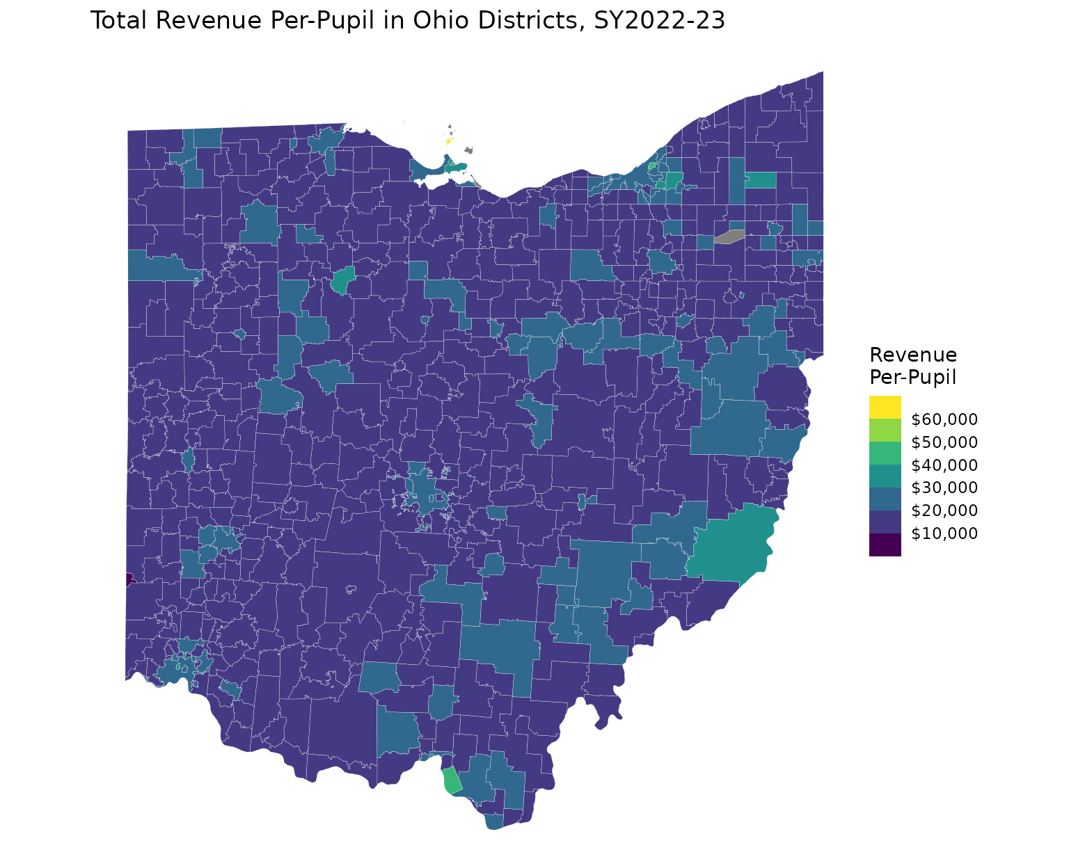 Choropleth map of Ohio school districts shaded by total revenue per-pupil in SY2022-23 using a binned color scale.